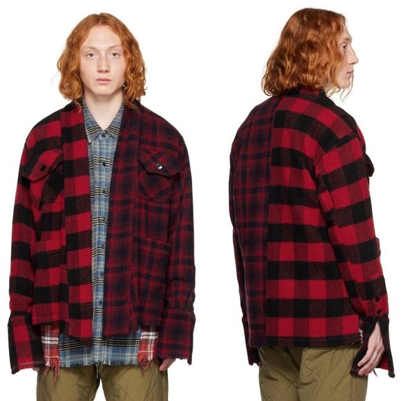 Greg Lauren Red Black Buffalo Plaid Shawl Collar Men’s Cardigan Flannel Jacket 1